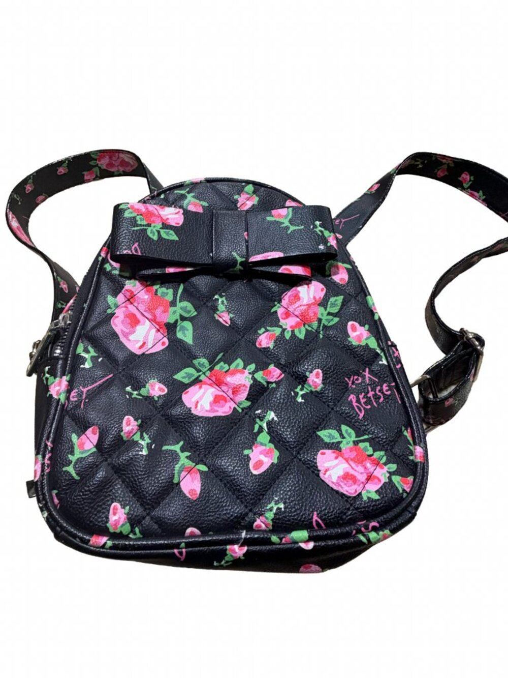 Betsey Johnson Quilted Floral Mini Backpack - Black & Pink Rose Print Bow